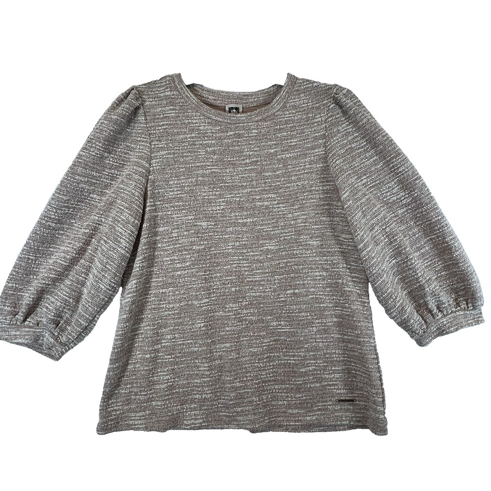 Anne Klein Textured Blouse Tweed Puff Sleeve Beige White Quiet Luxury Top Small